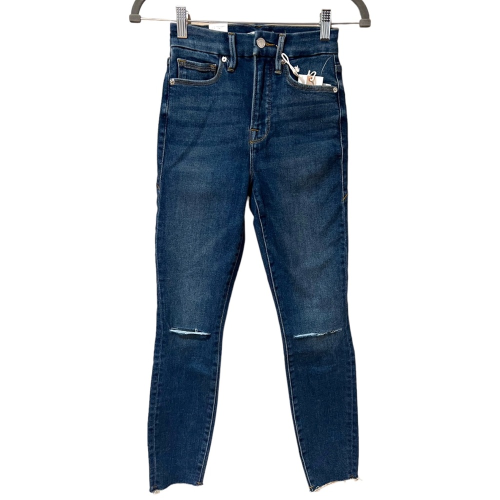 Good American Good Waist Cropped Raw Edge Skinny Jeans in Blue676 (00) - Picture 5 of 13